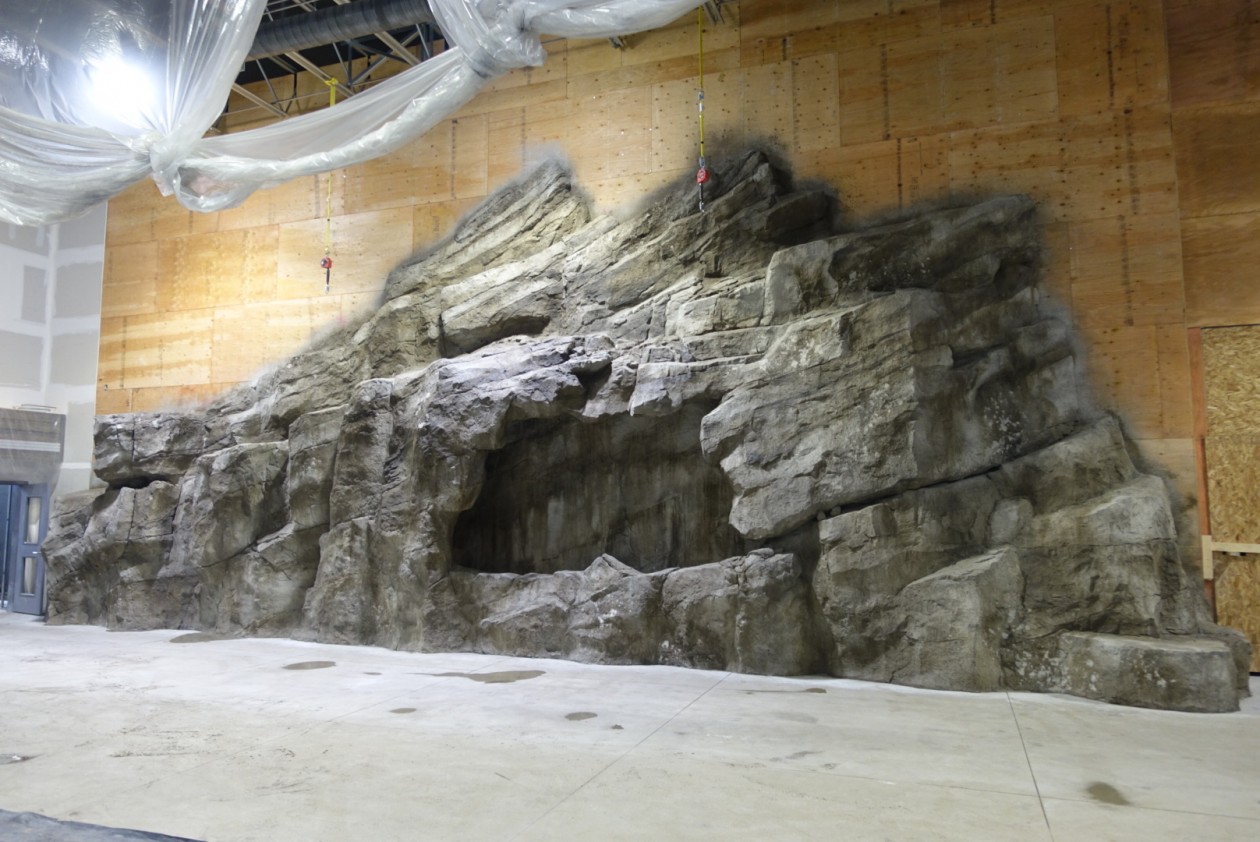 Large sculpted rock waterfall feature at Zeigler Motorsports